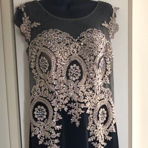 sleeveless black & gold beaded evening gown